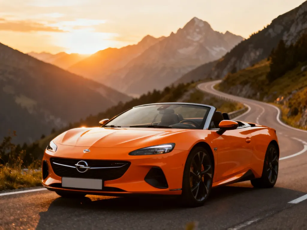 Pomarańczowy Opel Speedster zaparkowany na krętej górskiej drodze w blasku zachodzącego słońca.