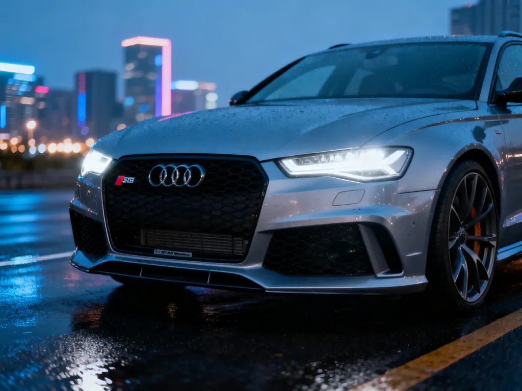 Srebrne Audi RS6 sedan zaparkowane na mokrym asfalcie o zmroku, z wyeksponowanym agresywnym grillem i światłami LED.