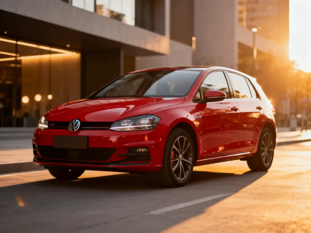 Czerwona Skoda Fabia Monte Carlo zaparkowana na nowoczesnej ulicy w świetle zachodzącego słońca.