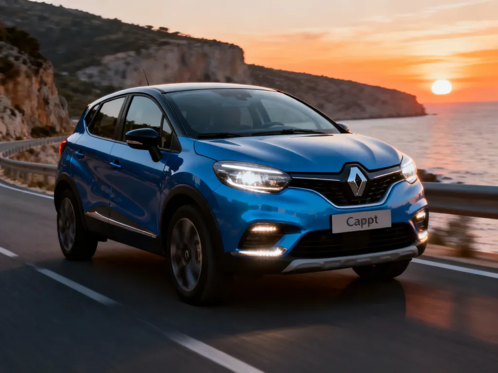 Nowy, niebieski Renault Captur jadący nadmorską drogą podczas zachodu słońca.