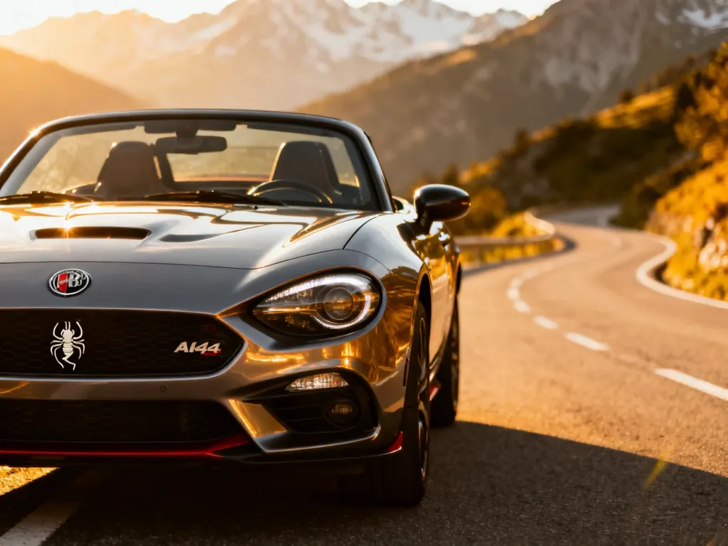 Abarth 124 Spider zaparkowany na krętej górskiej drodze podczas złotej godziny, podkreślający sportowy charakter auta.