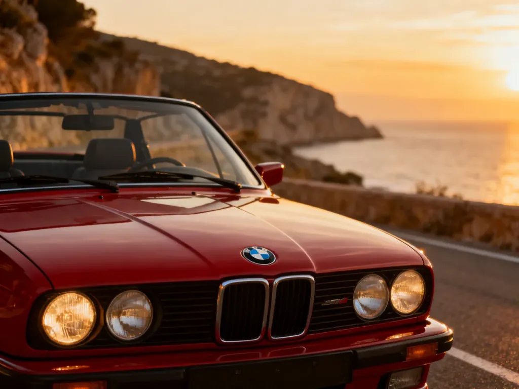 Klasyczny czerwony BMW E30 cabrio zaparkowany na malowniczej nadmorskiej drodze podczas zachodu słońca.