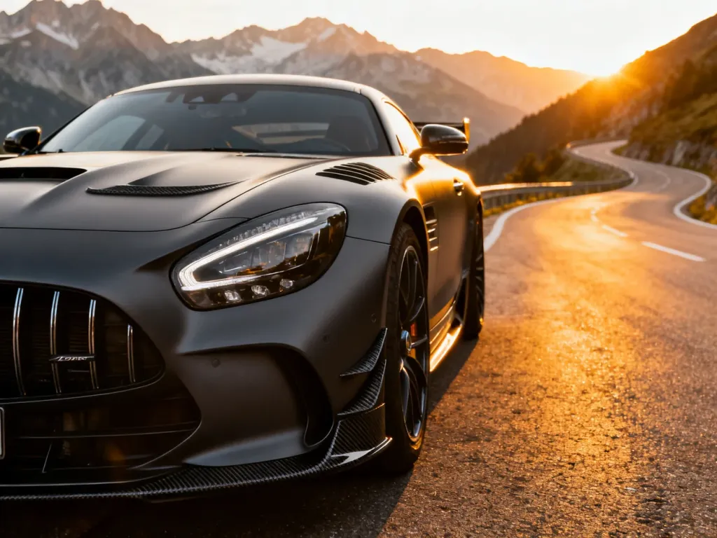 Matowy Mercedes AMG GT Black Series zaparkowany na krętej górskiej drodze w blasku zachodzącego słońca.