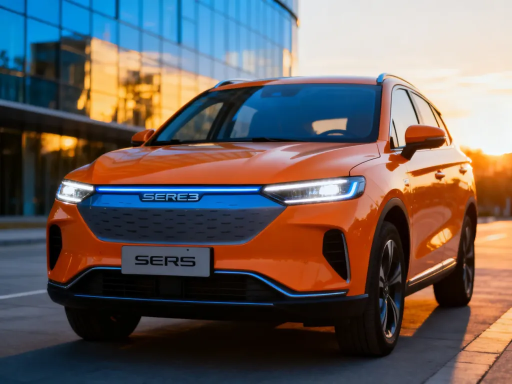 Nowoczesny elektryczny SUV Seres 3 zaparkowany na tle przeszklonego budynku w świetle zachodzącego słońca.