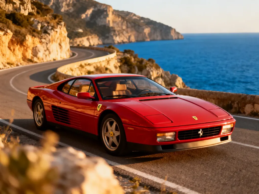 Czerwone Ferrari 348 zaparkowane na malowniczej, nadmorskiej drodze podczas złotej godziny.