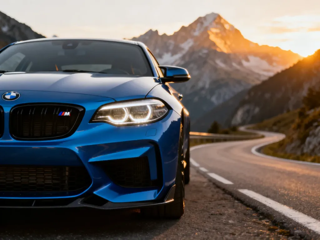 Niebieskie BMW M2 zaparkowane na krętej górskiej drodze w świetle zachodzącego słońca.
