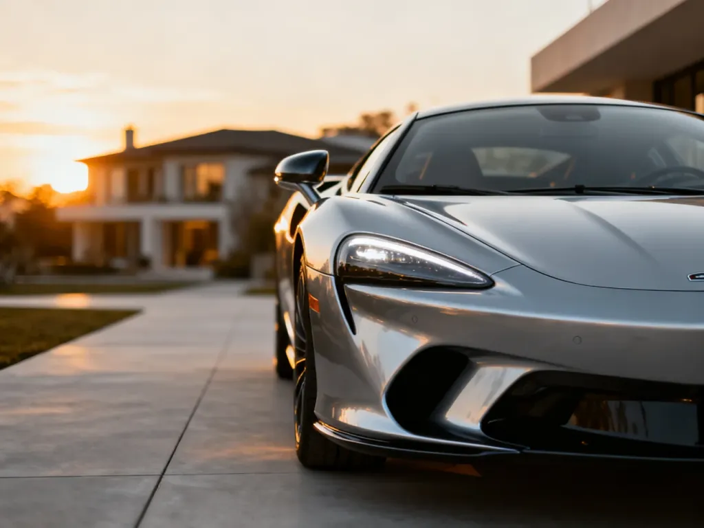 Srebrny McLaren GT zaparkowany na nowoczesnym podjeździe w świetle zachodzącego słońca.