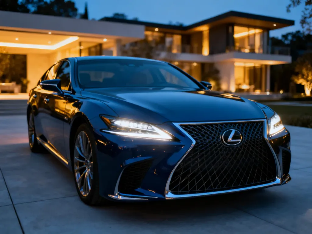 Lexus LS500 zaparkowany na nowoczesnym podjeździe o zmierzchu, podkreślający elegancki design reflektorów i charakterystyczny grill.