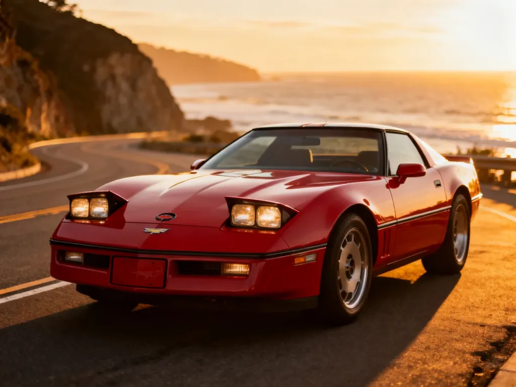 Czerwony Chevrolet Corvette C4 zaparkowany na malowniczym nadmorskim klifie podczas zachodu słońca.