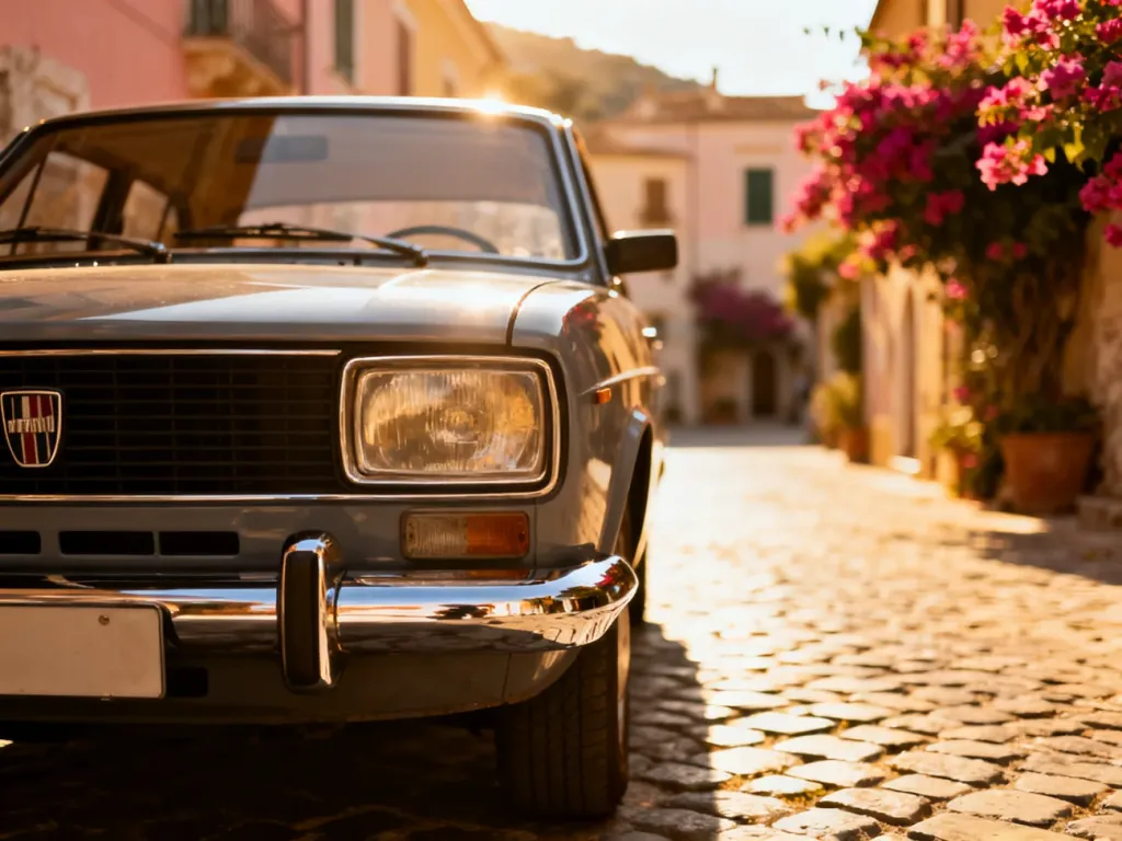 Klasyczny Fiat 131 zaparkowany na brukowanej uliczce włoskiego miasteczka w promieniach zachodzącego słońca.