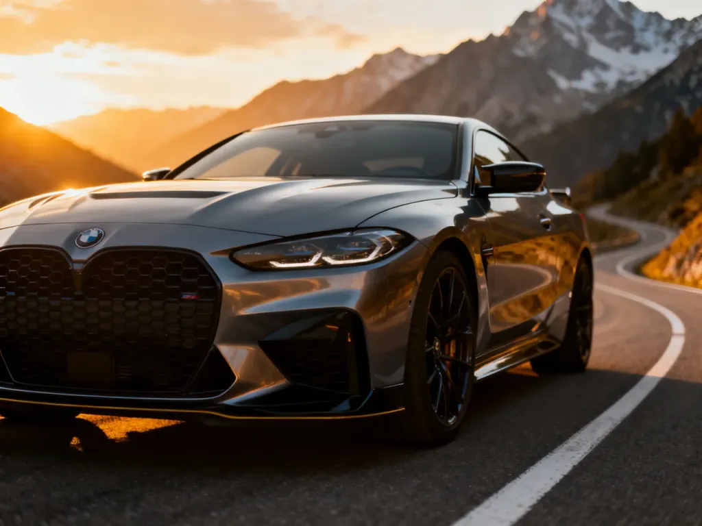 Sportowe coupe Volkswagen Scirocco R zaparkowane na krętej górskiej drodze w blasku zachodzącego słońca.