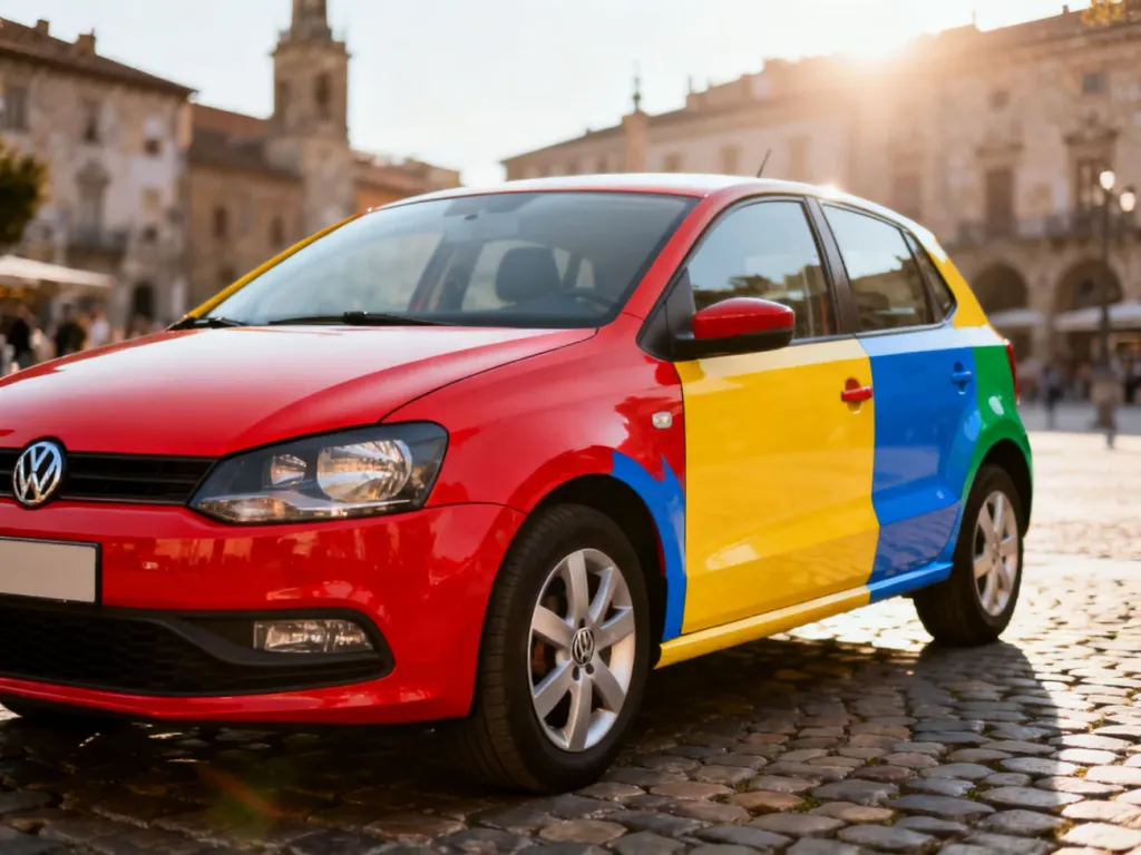 Wielokolorowy Volkswagen Polo Harlekin zaparkowany na brukowanej uliczce w europejskim miasteczku.