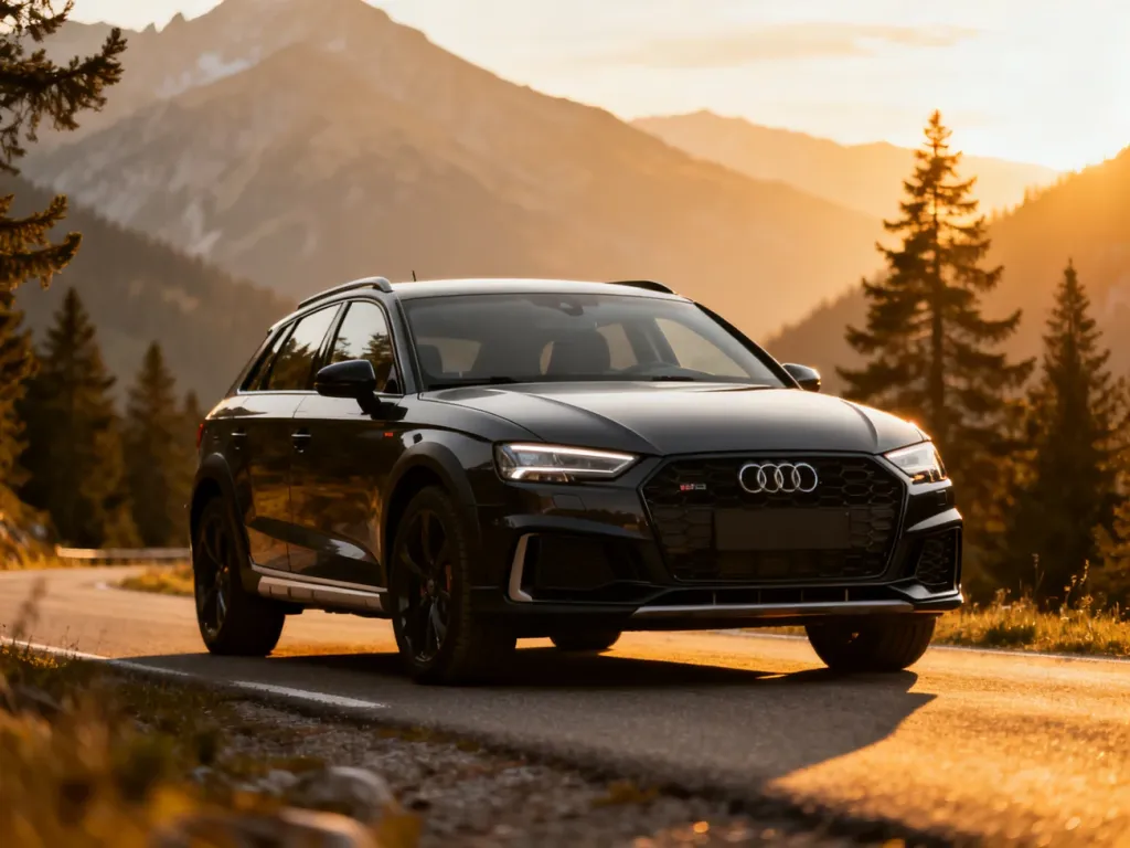Audi A3 allstreet zaparkowane na górskiej drodze podczas zachodu słońca, podkreślające jego crossoverowy styl.